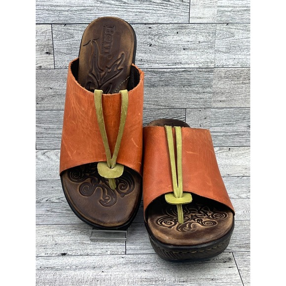 Born Handcrafted Footwear Orange Leather Slide Wedge Sandals - Women's - Picture 1 of 8